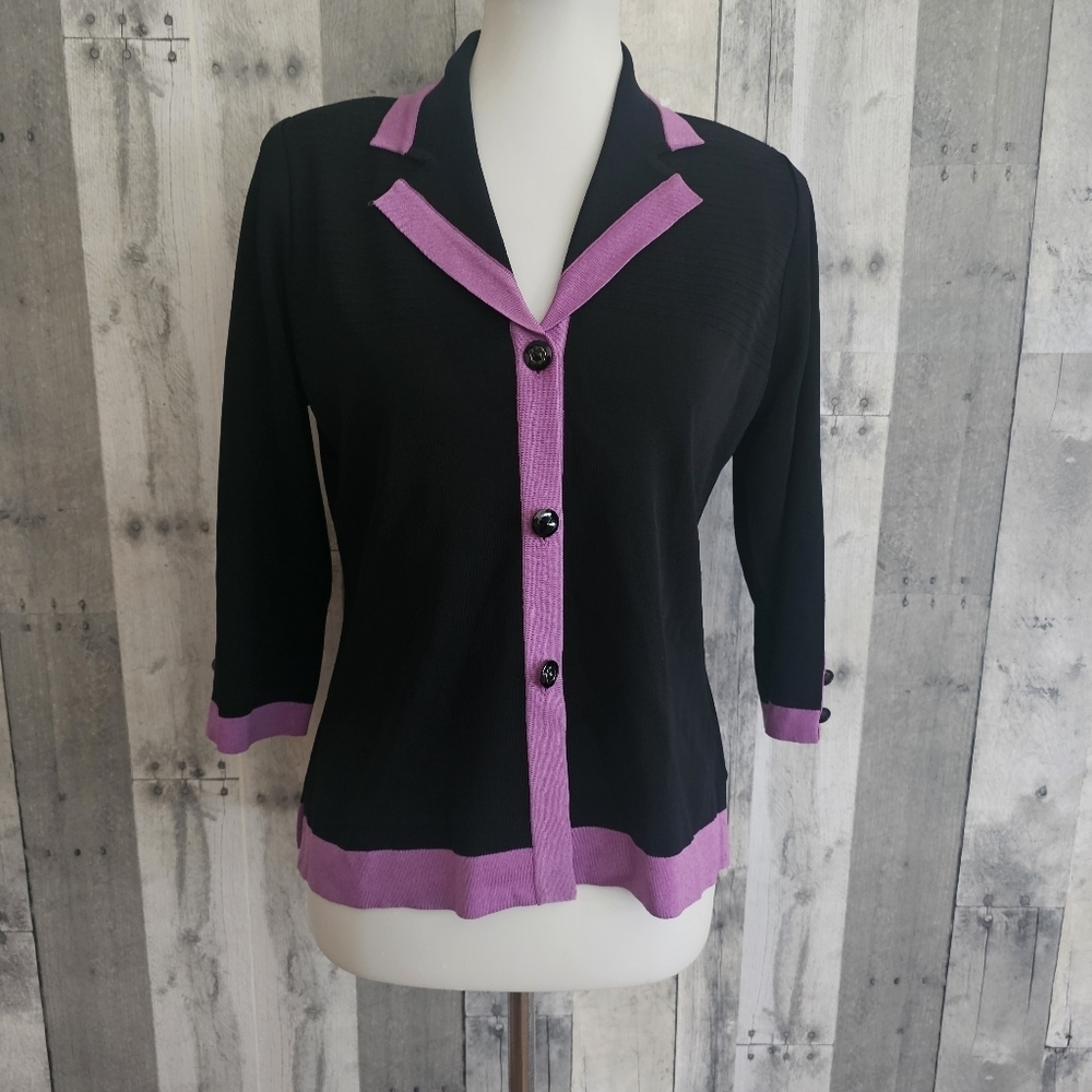 Misook Black Small Petite Acrylic Button Front Cardigan